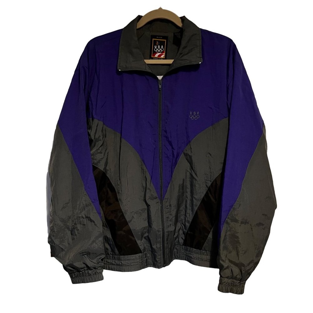 VINTAGE USA Olympic Windbreaker Jacket Purple Black Pockets Lined Womens